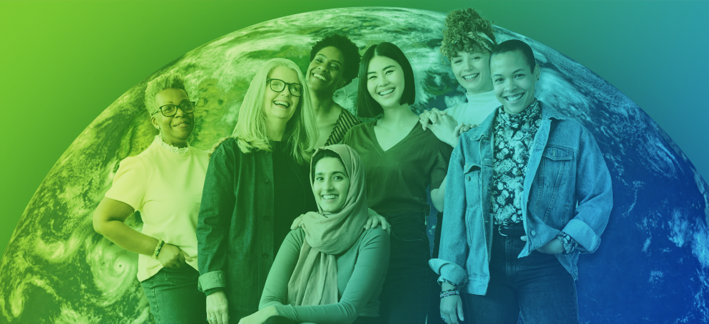 A group of diverse women smiling and laughing, standing in front of planet Earth with a green and blue filter