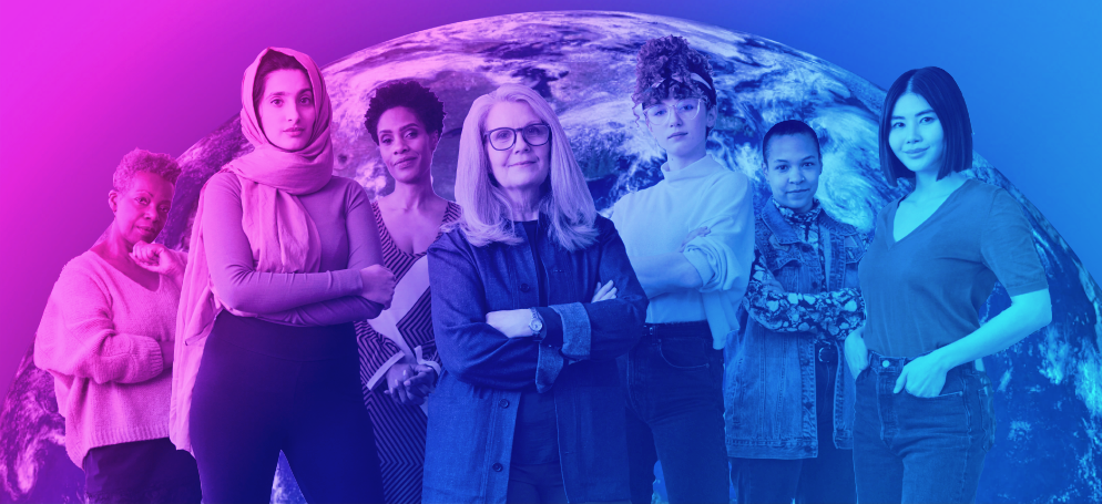 A group of diverse women standing in front of planet Earth with a pink and blue filter