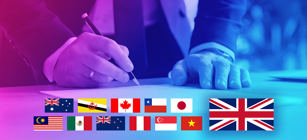 An image showing a person signing a document with world flags underneath