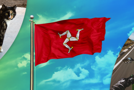 An image showing a Manx cat, the Isle of Man flag and a TT racer