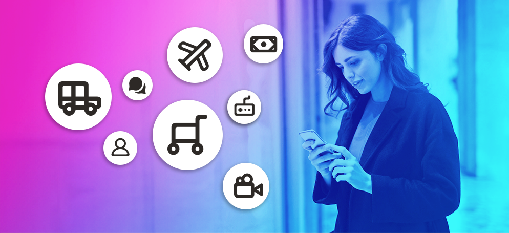 A woman using her phone surrounded by icons indicating different apps: shopping, movies, ID, gaming, payments, flights, messaging and taxi hiring.