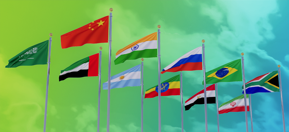 An image showing flags for the current and new BRIC countries