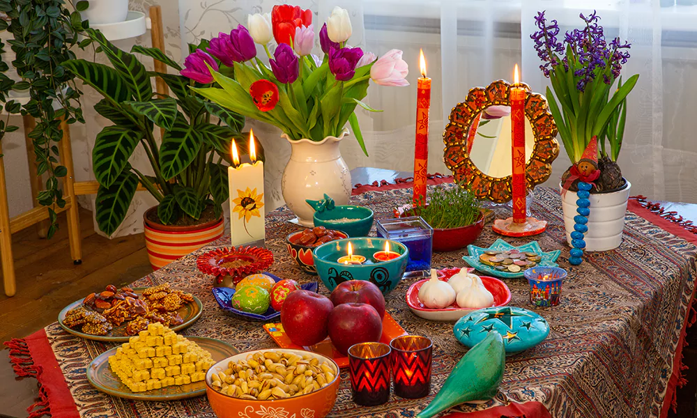 spread of food on colourfully decorated table