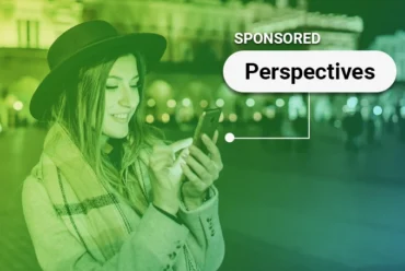 A woman looking at her phone with a bubble saying 'Sponsored Perspectives'