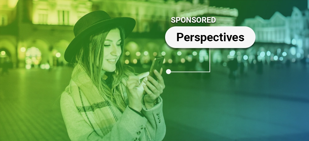 A woman looking at her phone with a bubble saying 'Sponsored Perspectives'