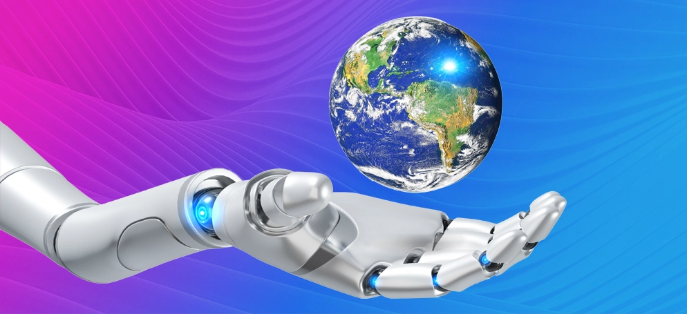 A robot hand representing A.I. holding the world in its palm