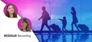 Headshots of two women overlapping the silhouette of a family at an airport