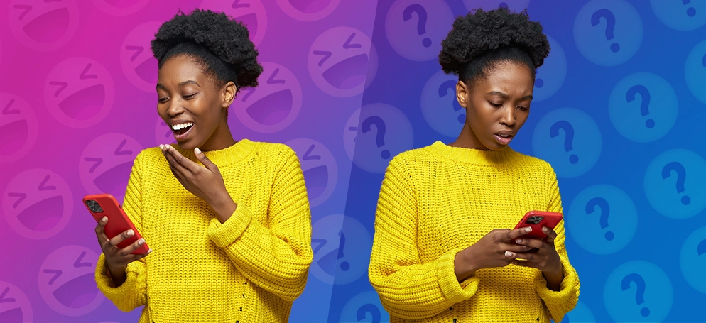 A woman laughing at her phone alongside a woman looking confusedly at her phone