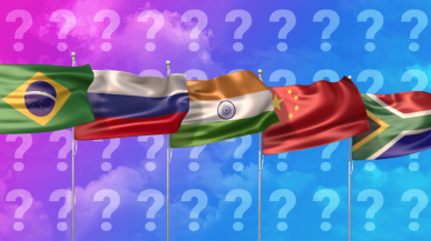 An image showing the flags of Brazil, Russia, India, China and South Africa.