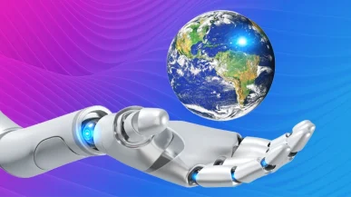 A robot hand representing A.I. holding the world in its palm
