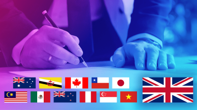 An image showing a person signing a document with world flags underneath