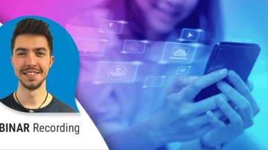 A graphic of a woman browsing the internet on her phone with SEO related icons around her. A portrait photo of Charlie Thornton, our Deputy Head of SEO.