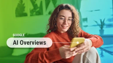 A young woman sitting in a living room, scrolling on her phone. There is a speech bubble coming from her phone that says 'Google AI Overviews'.