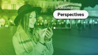 A woman looking at her phone with a bubble saying 'Sponsored Perspectives'