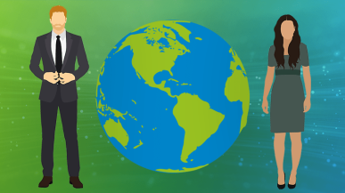 An image showing illustrations of Harry and Meghan with a globe in the middle