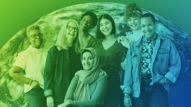 A group of diverse women smiling and laughing, standing in front of planet Earth with a green and blue filter