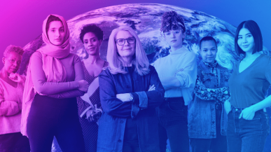 A group of diverse women standing in front of planet Earth with a pink and blue filter