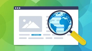 A graphic of a magnifying glass highlighting keywords in a blog post