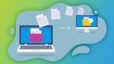 An illustration of files being transferred from one website to another