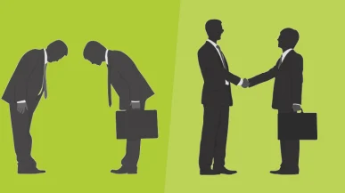 Two sets of businessmen - one set bowing to each other, the other set shaking hands