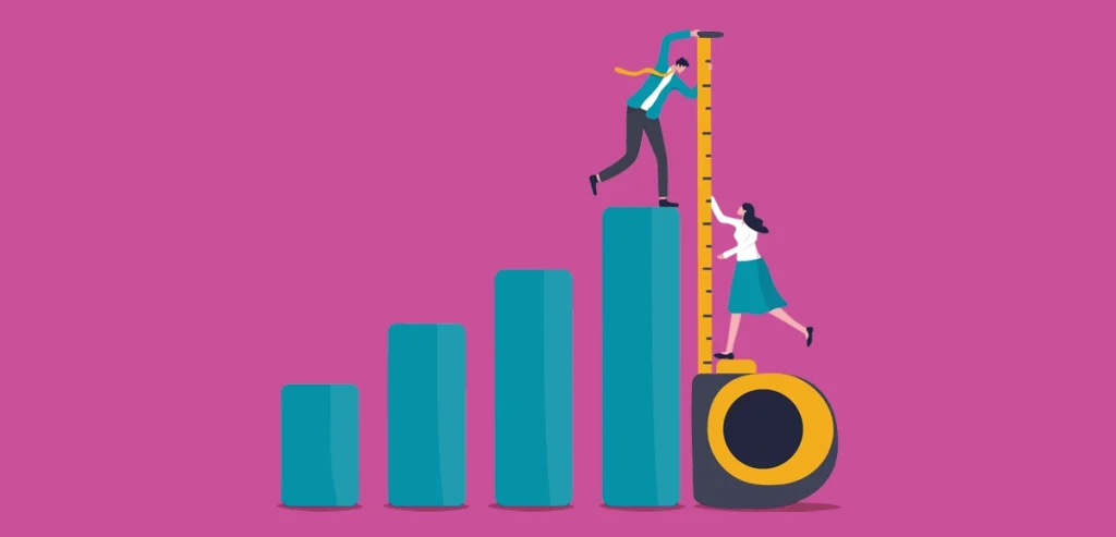 An illustration of two people measuring a graph with a measuring tape