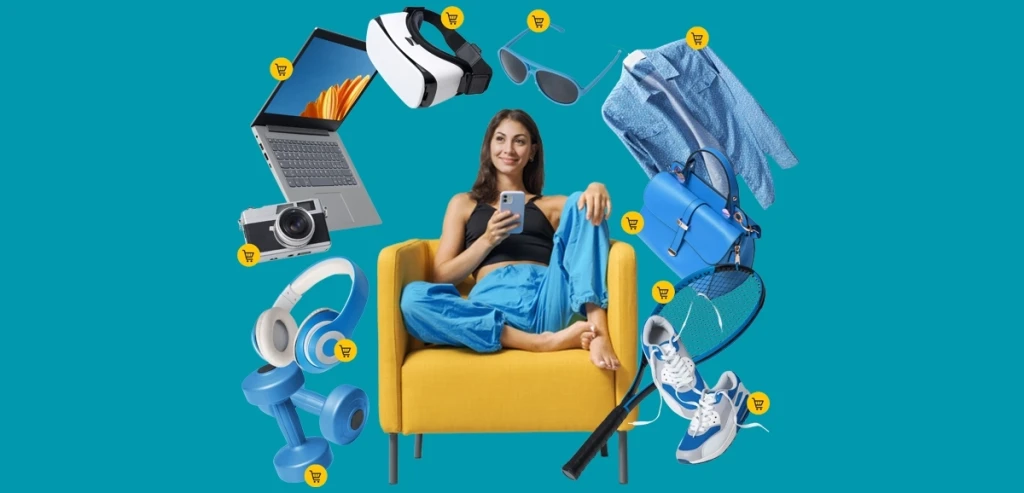 A woman sits on an armchair with her phone whilst products fly around her