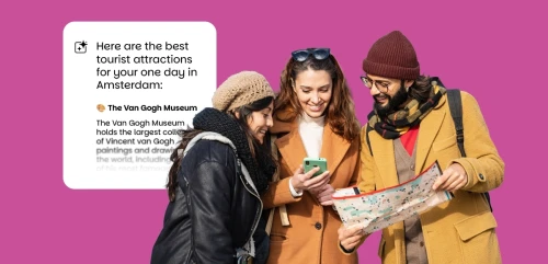 A group of friends using AI to plan a travel itinerary