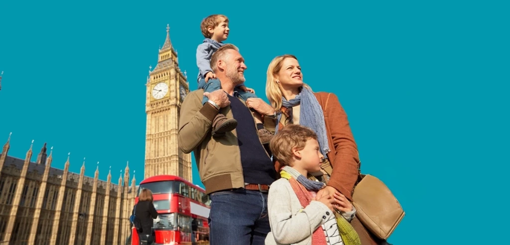 A tourist family in London with Big Ben in the background