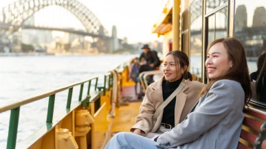 Two women on a boat in Sydney Harbour