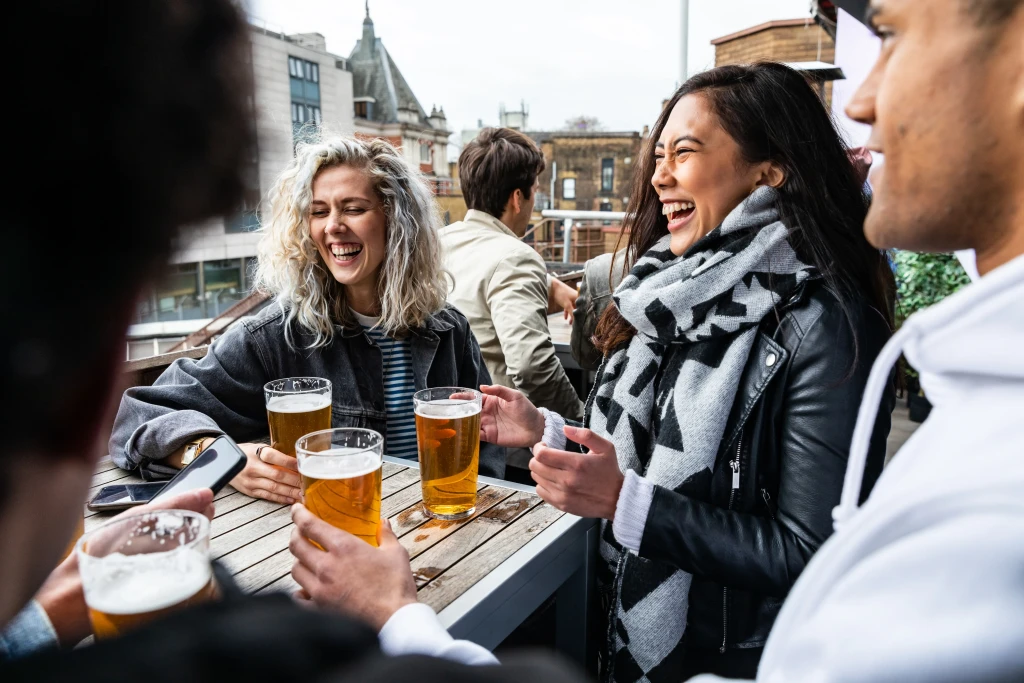 A group of friends at a London pub