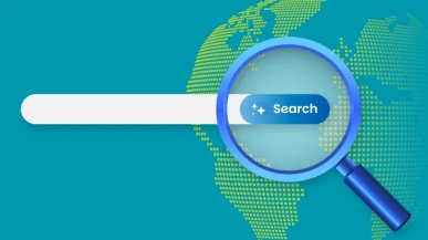 A magnifying glass over a search bar in front of a globe
