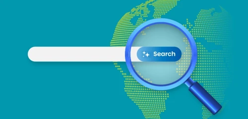 A magnifying glass over a search bar in front of a globe