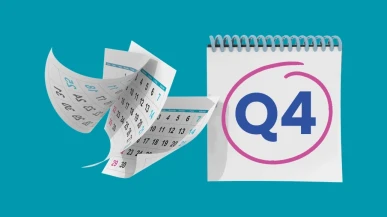 A calendar with pages peeling away to reveal 'Q4'