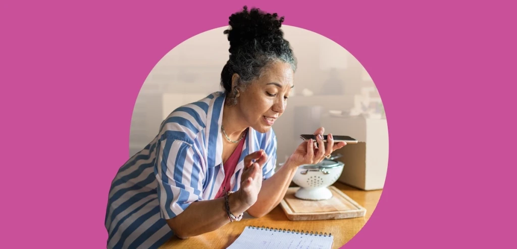 Woman using AI voice chat the search for back-to-school items