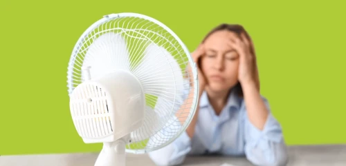A businesswoman cooling off in front of an electric fan