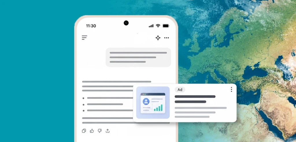 A phone showing a mockup of an AI app displaying an advertisement in its response