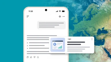 A phone showing a mockup of an AI app displaying an advertisement in its response