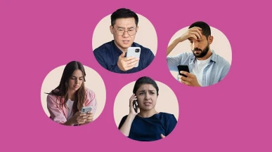 A collage of different customers experiencing custom service issues