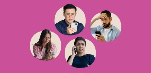 A collage of different customers experiencing custom service issues