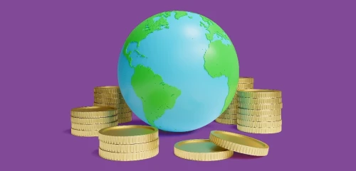 A globe surrounded by coins