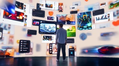 A person in an abstract room of social media updates