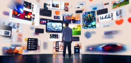 A person in an abstract room of social media updates